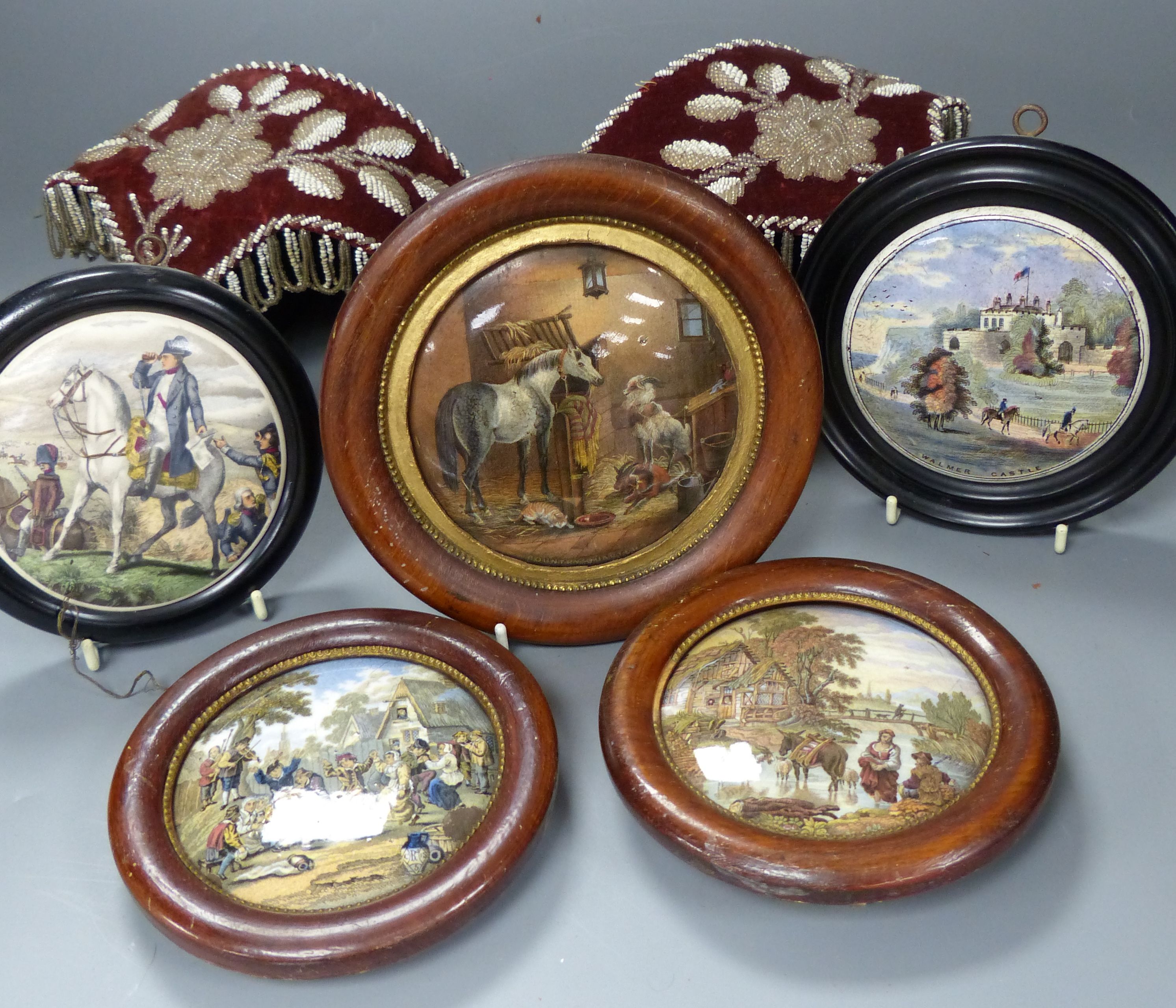 A quantity of mixed collectables including beadwork, wall shelves, a blue glazed wall bracket, a lustre jug, etc.
